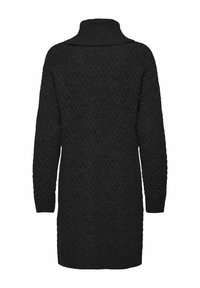 Robe en tricot noir avec un col haut, présentant un motif texturé en forme de diamant et des manches longues. Vue arrière uniquement.