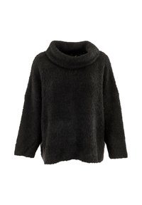 Schwarzer Pullover aus strukturierten Stoff, mit weitem Schalkragen und überschnittenen Schultern. Das Design ist oversized mit einem geraden Saum.
