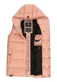 Rosa gepolsterte Jacke mit gestepptem Design, schwarzem Innenfutter und roten Akzenten. Sie verfügt über Markenetiketten und Seitentaschen mit Druckknopfverschluss.