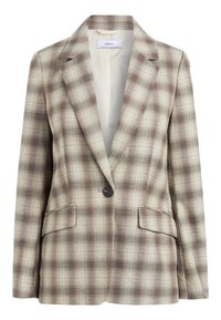 Tweedowa marynarka w odcieniach beżu i brązu, z klapami i zapięciem na guziki z przodu oraz dwoma bocznymi kieszeniami. Gładka tekstura i dopasowany krój.