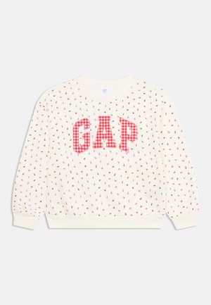 Cremfarbener, langärmeliger Sweatshirt mit einem wiederholten Erdbeermuster und rotem kariertem "GAP"-Logo in der Mitte. Weicher Stoff, gerippte Bündchen.