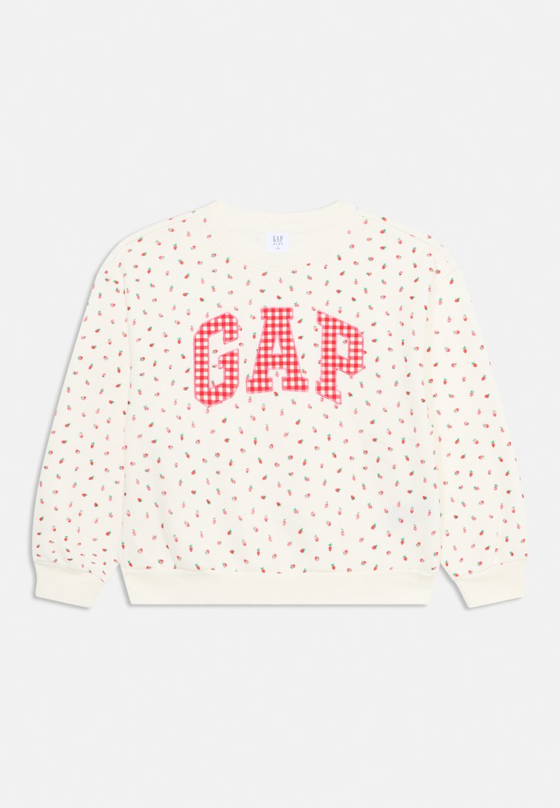 Sudadera de manga larga color crema con un patrón repetido de fresas y el logo de "GAP" en cuadros rojos en el centro. Tejido suave, puños acanalados.