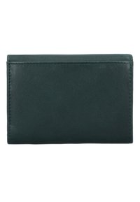 Donkergroene leren portemonnee met een gladde textuur, rechthoekige vorm en gestikte randen. Geen zichtbare hardware of versieringen.