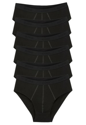 Sei slip da uomo neri impilati, con cinturini elastici in vita e cuciture verticali visibili al pannello centrale anteriore.