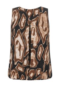 Top bez rękawów na czarnym tle, z brązowo-beżowym abstrakcyjnym wzorem. Z tyłu zapinany na guziki, o gładkiej fakturze.