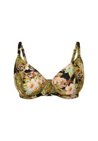 Bloemenprint bh met een zwarte achtergrond. Kenmerken zijn zachte cups, verstelbare bandjes en een centrale sluiting. Het ontwerp bevat palmbladeren en hibiscus bloemen.