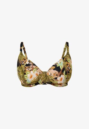 Blumendruck-BH mit schwarzem Hintergrund. Verfügt über weiche Cups, verstellbare Träger und einen zentralen Verschluss. Das Design umfasst Palmenblätter und Hibiskusblüten.