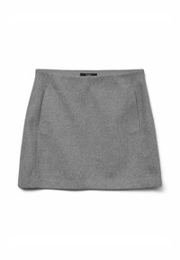 Jupe en laine grise avec une silhouette droite et des lignes épurées. Présente une taille lisse et des poches latérales discrètes. Texture douce.