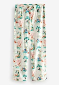 Witte pyjamabroek met een kleurrijke afdruk van bosdieren, waaronder beren, herten en vogels, met een elastische tailleband en een trekkoord.