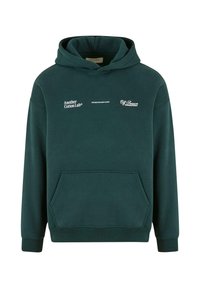 Sudadera de algodón verde con un bolsillo frontal, capucha con cordón y marca en texto blanco en el pecho. Presenta puños y dobladillo acanalados.