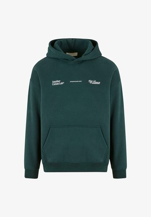 Felpa verde in cotone con tasca frontale, cappuccio con coulisse e branding in bianco sul petto. Presenta polsini e orlo a costine.