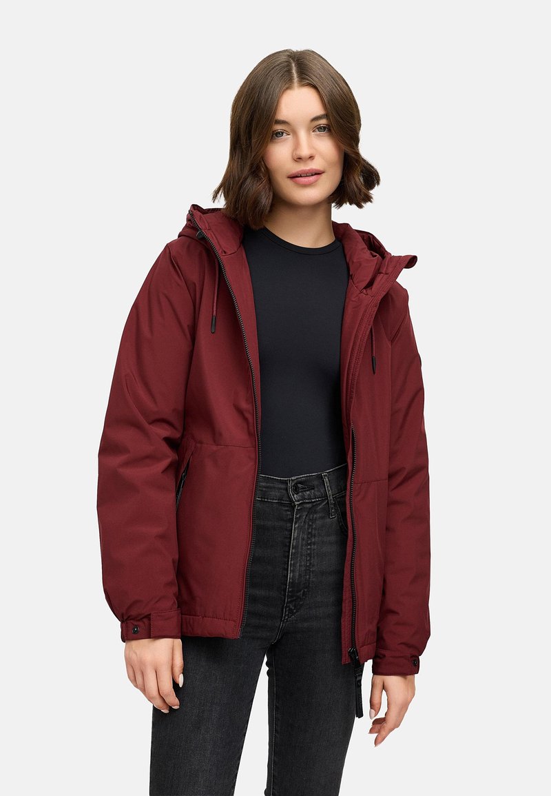 Burgundy insulated jacket with a hood, front zipper, and side pockets. Made of smooth, water-resistant fabric with elastic cuffs.