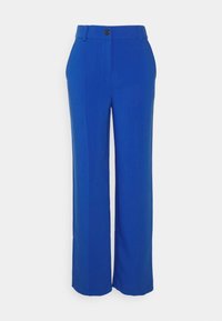 Blauwe wijdvallende broek gemaakt van gladde stof, met een sluiting met een knoop aan de voorkant, riemlussen en zakdetails aan de zijkant.