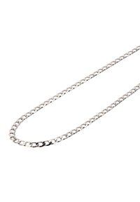 Sølv metal kæde halskæde med sammenkædede led, der har en glat, poleret overflade og et ensartet design gennem hele længden.