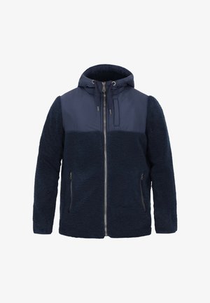 Marineblaue Fleecejacke mit glattem Nylon-Oberpanel, Reißverschluss vorne und zwei Seitentaschen; flauschige Kapuze und strukturierter Stoff.