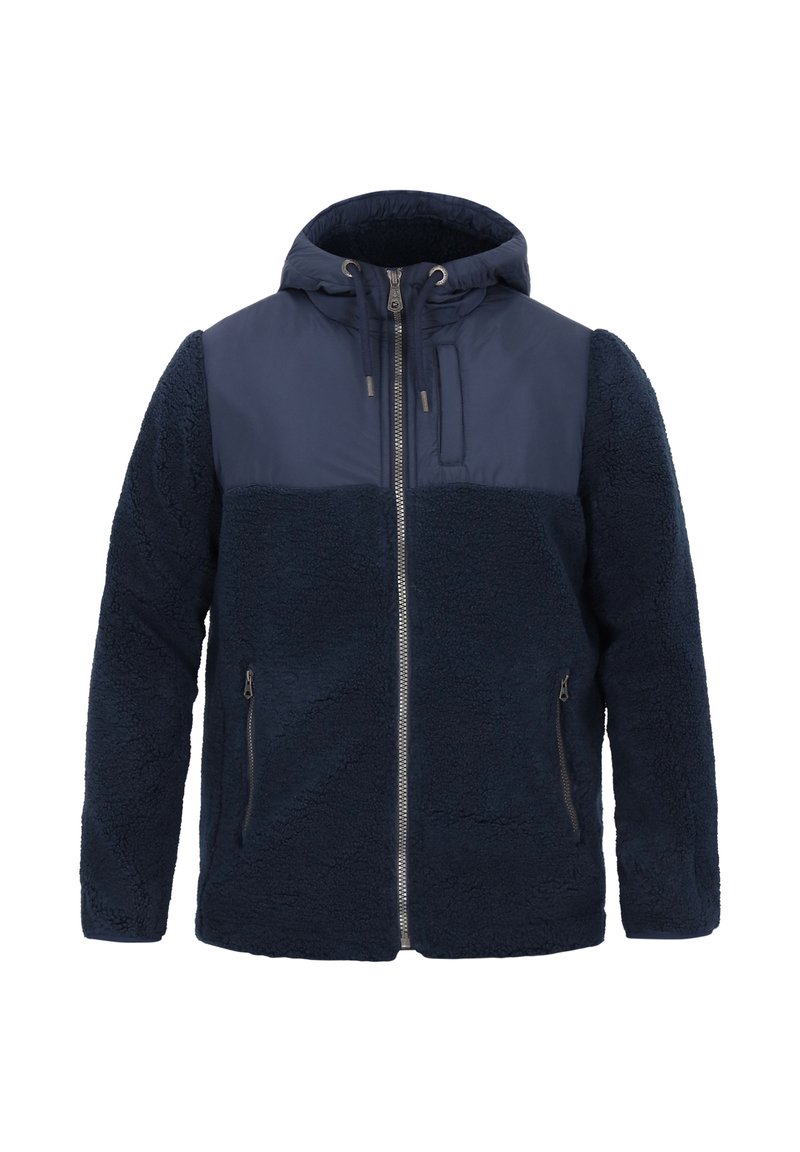 Marineblå fleecejakke med en glat nylon overpanel, lynlåsfortil og to sidelommer; fyldig hætte og struktureret stof.