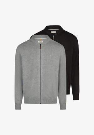 Dwa swetry męskie zapinane na zamek, jeden jasnoszary, drugi czarny, oba z prążkowanymi mankietami i kołnierzami, pokazane od przodu na białym tle.