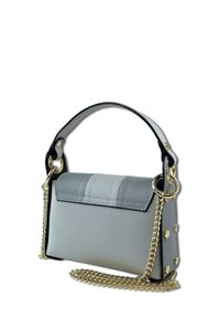 Gray leather handbag with a structured shape, black handle, gold chain strap, and decorative studs on the sides. Textured finish on the flap.