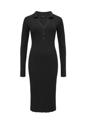Vestito midi nero a coste in maglia con maniche lunghe, colletto e patta frontale con tre bottoni.