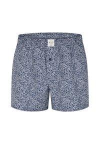 Mörkblå mönstrade badshorts med vita blommotiv, resårmidja och knappgylf för en säker passform.