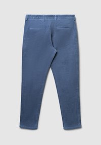 Pantaloni in corduroy blu con design dritto, due tasche posteriori e una texture liscia. La cintura è dotata di passanti per la cintura.