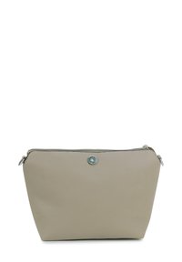 Beige leren zakje met een gestructureerde afwerking, rechthoekige vorm, bovenstaande ritssluiting en een ronde metalen accent aan de voorkant.