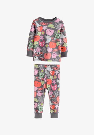 Kinder-Grau-Halloween-Pyjamas mit bunten Kürbissen, Geistern, Katzen, Spinnen, Spinnennetzen, Herzen, Sternen und Phrasen wie "Spooky Day" und "Keep Spookin'".