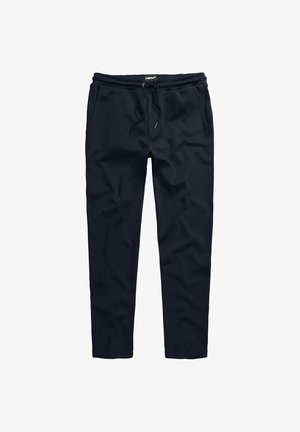 Pantaloni jogger blu navy realizzati in morbido tessuto, con cintura elastica e cordino, tasche laterali e design della gamba svasata.