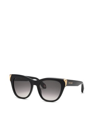 Lunettes de soleil noires œil de chat avec verres dégradés et détails dorés aux coins, branches latérales avec un subtil marquage du créateur.