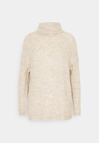 Beige coltrui met een zachte, gestructureerde brei. Losse pasvorm en lange mouwen, met geribbelde details aan de kraag en manchetten.