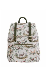 Nahrbtnik s cvetličnim vzorcem na kremnem ozadju, zelenimi trakovi, z zlatim okovjem in sprednjim žepom na zadrgo. Vzorec vključuje živali in rastline.