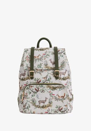 Plecak w kwiatowy wzór z kremowym tłem, zielonymi paskami, złotymi elementami wykończenia i przednią kieszenią na zamek. Zawiera zwierzęta i rośliny w swoim wzorze.
