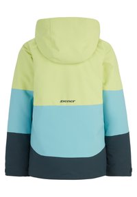 Farbenblockierte Jacke in Hellgrün, Blau und Dunkelblau; mit Kapuze und einem Logo auf der Rückseite. Wasserdichtes Material. Lässiges Design.