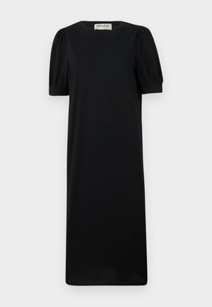 Abito nero a maniche corte con collo rotondo, caratterizzato da maniche a sbuffo e una silhouette dritta, realizzato in tessuto morbido e liscio.