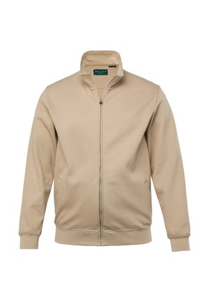 Beige Zip-Jacke aus geripptem Stoff mit hochgeschlossenem Kragen, elastischen Bündchen und einem auf der linken Brust aufgestickten Logo.