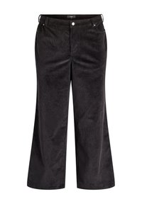 Črne široke hlače iz kordurovnega blaga z visokim pasom, subtilno teksturo in sprednjimi žepi z okraski iz kovinskega okovja.