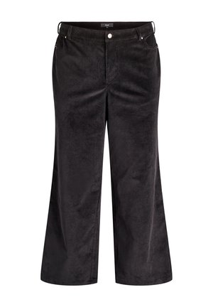 Černé kalhoty z manšestru s širokými nohavicemi, vysokým pasem, jemnou texturou a předními kapsami s kovovými ozdobami.