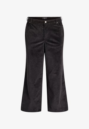 Sorte vidde bukser i fløjl med høj talje, subtil tekstur og forlommer med metalhardware-detaljer.