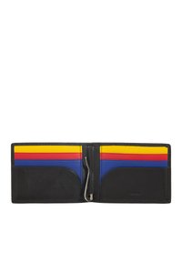 Bi-fold wallet in black leather with six card slots featuring colorful layers in yellow, red, blue, and orange. Metal accent for closure.