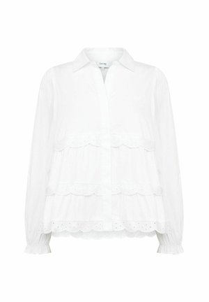 Bluza albă cu mâneci lungi, cu guler, cu dantelă tip ochiuri scallop pe mai multe niveluri și manșete elastice.