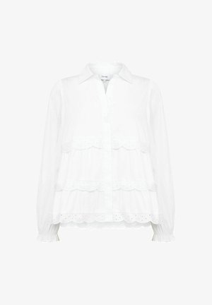 Bluza albă cu mâneci lungi, cu guler, cu dantelă tip ochiuri scallop pe mai multe niveluri și manșete elastice.