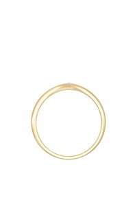 Anello dorato con un design liscio e arrotondato. Presenta una piccola pietra chiara come accento sulla parte superiore. Texture di metallo lucido.