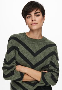 Grüner Pullover mit schwarzen Chevronstreifen, geripptem runden Ausschnitt und langen Ärmeln. Weiche Textur und lockere Passform.