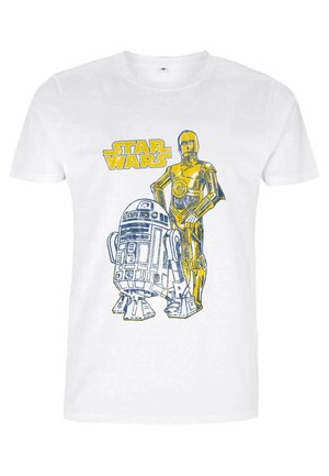 White cotton t-shirt featuring blue and yellow graphic design of R2-D2 and C-3PO, with "STAR WARS" text above the characters.