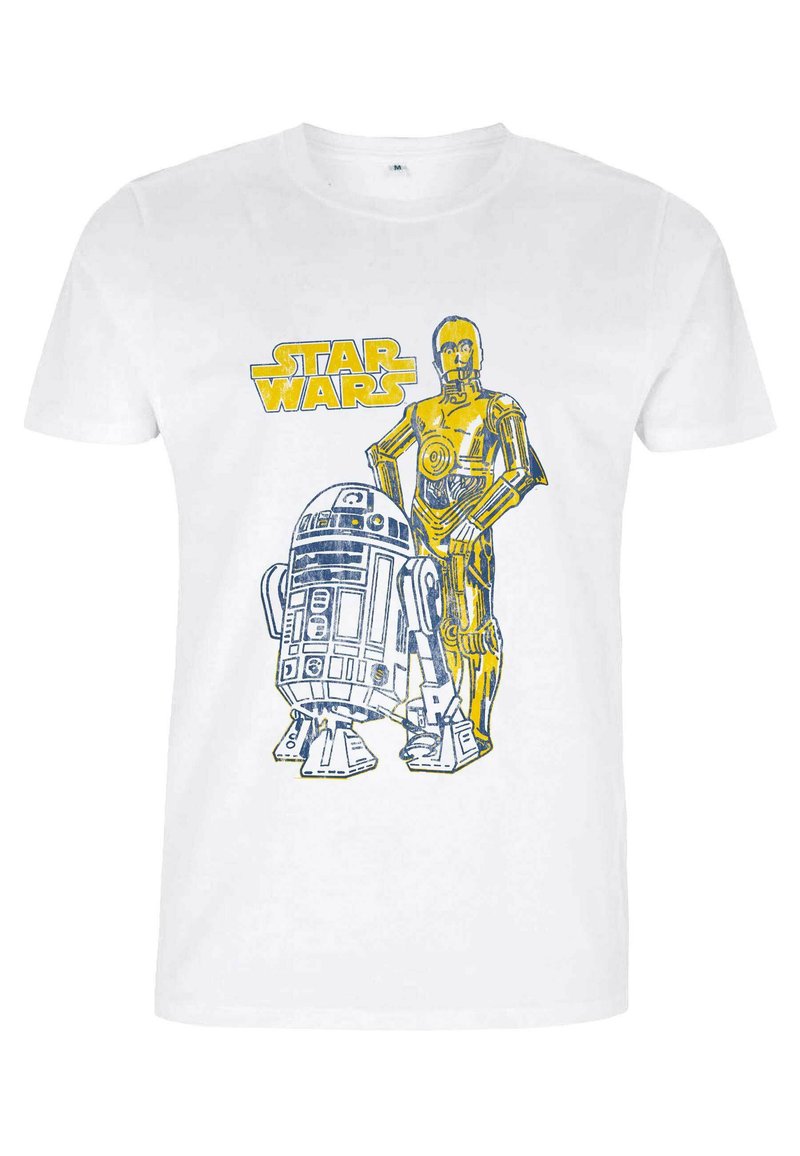 Bílý bavlněný tričko s modro-žlutou grafikou R2-D2 a C-3PO, s textem "STAR WARS" nad postavami.