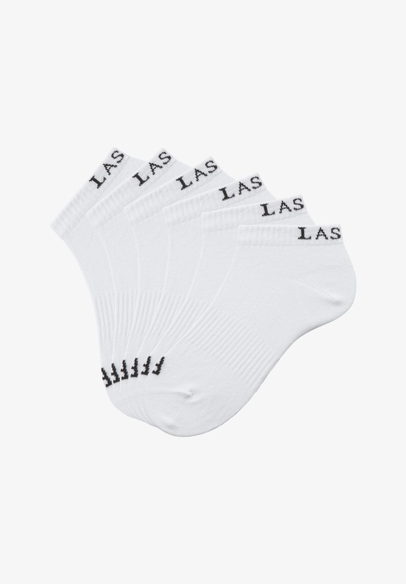 White cotton ankle socks featuring ribbed texture and black "LAS" lettering on the cuff. Pack of six pairs, seamless toe design.