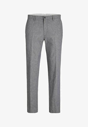 Grau maßgeschneiderte Hose aus einem strukturierten Stoff, mit einem glatten Bund, vorderen Taschen und einem dezenten Knopfverschluss.
