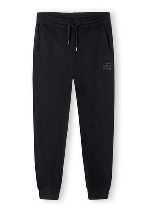 Czarne dresy wykonane z miękkiego materiału, z elastycznym paskiem w talii z trokiem, bocznymi kieszeniami i małą łatką z logo na udzie.