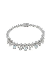 Silver bracelet featuring a series of clear crystals and light blue accents, arranged in a flowing pattern with a secure clasp closure.