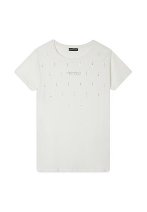 T-shirt bianco in cotone a maniche corte, con una dispersione di strass e la scritta "FREDDY" al centro, colletto tondeggiante.